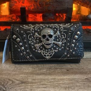 Multi Functional Western Skull Concho Trifold Clutch Crossbody Wallet